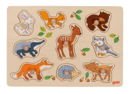 Goki Edukačná drevená vkladačka/puzzle s úchytmi Lesné zvieratká