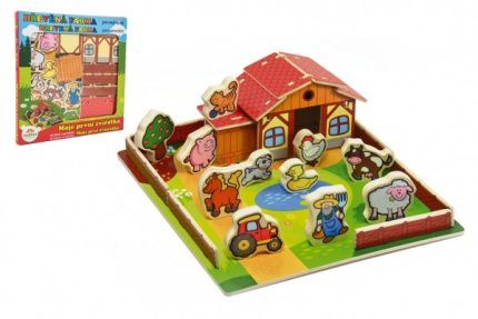 Teddies Domček drevená farma Moje prvé zvieratká 31x31cm 28ks + podložka v krabici