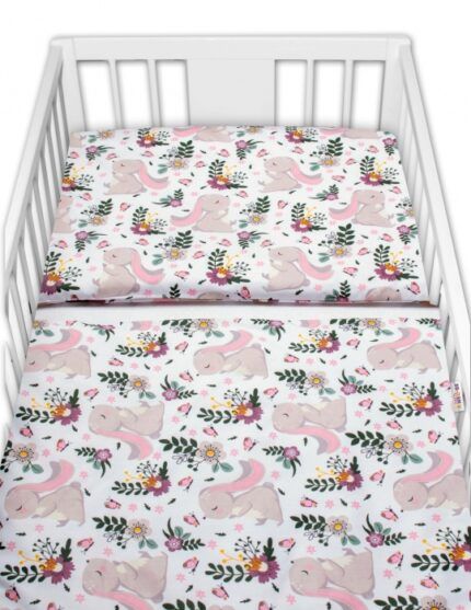 Baby Nellys 2-dielne bavlnené obliečky Zajačik na lúke - ružová, biela, 135x100