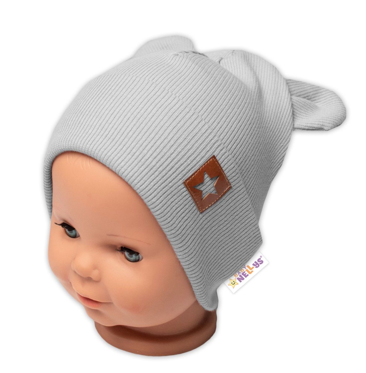 baby-nellys-rebrovana-dvojvrstvova-ciapka-s-uskami-teddy-siva-68-74