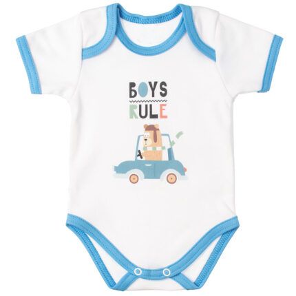 MBaby Bavlnené body s krátkym rukávom, Méďa Boys Rule, bielo/modré