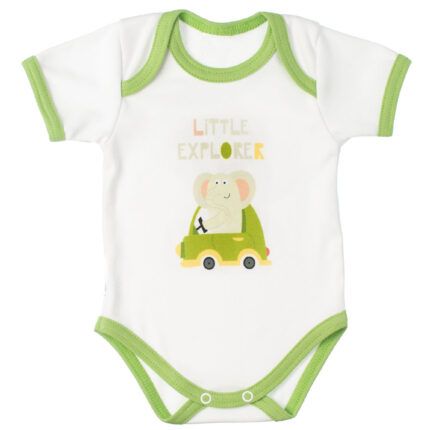 MBaby Bavlnené body s krátkym rukávom, Sloníča Little Explorer, bielo/zelené
