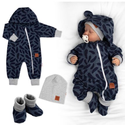 Rastúci teplákový overal pre bábätko, čiapky, topánky, 3D, Nature - jeans pierka, 80/86