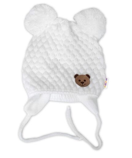 Zimná pletená čiapka Teddy Bear na zaväzovanie, biela/smotanová