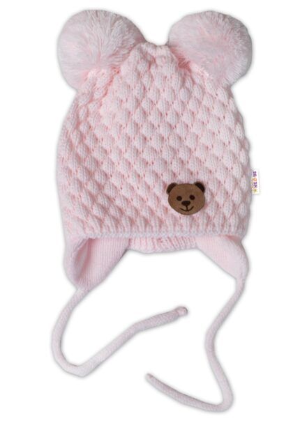 Zimná pletená čiapka Teddy Bear na zaväzovanie, ružová