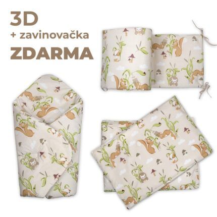 3D Mantinel s obliečkami + zavinovačka zadarmo, Veveričky, béžová, sivá