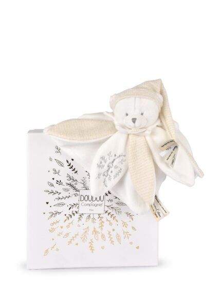 Doudou Darčeková sada Plyšový muchláčik medvedík s čiapočkou 25 cm béžový
