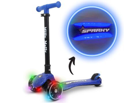 Detská kolobežka SPARKY LED trojkolová – svietiace kolieska, nastaviteľná, modrá