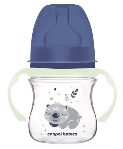 Antikolik. fľaštička so širokým hrdlom a svietiacimi úchytmi, Sleepy Koala, 120 ml - modrá