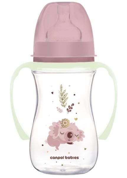 Antikolik. fľaštička so širokým hrdlom a svietiacimi úchytmi, Sleepy Koala, 240 ml - lila