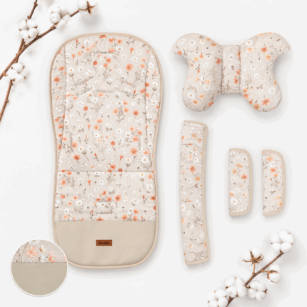 Vložka do kočíka set deluxe 4v1 – obojstranná, velvet a bavlna, kvetinky, béžové
