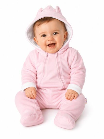 Baby Nellys ® Kombinézka s dvojitým zapínaním, s kapucňou a uškami, sv. růžová