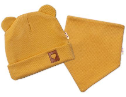 Baby Nellys Rebrovaná dvojvrstvová čiapka s uškami + šatka TEDDY - horčicová, 80/86