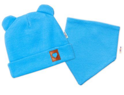 Baby Nellys Rebrovaná dvojvrstvová čiapka s uškami + šatka TEDDY - modrá, 92/98