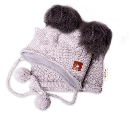BABY NELLYS Zimná čiapka s fleecom a chlupáčka. bambuľky Star + komínok - sivá