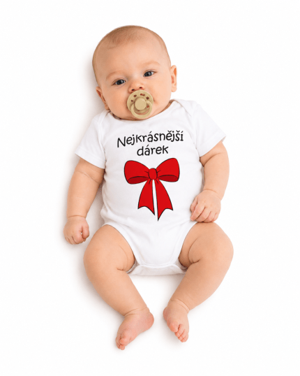 Body krátky rukáv s vtipným textom Baby Nellys, Nejkrásnější dárek, biele, veľ. 68