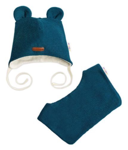 Pletená čiapka s bavlnenou podšívkou a šatkou 2v1, Teddy Hand made - petrolejová