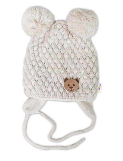 Zimná pletená čiapka Teddy Bear na zaväzovanie, ecru, 68/80, (6-12m)