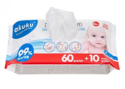 Akuku Detské vlhčené obrúsky 99% vody, 60 + 10 ks ZADARMO