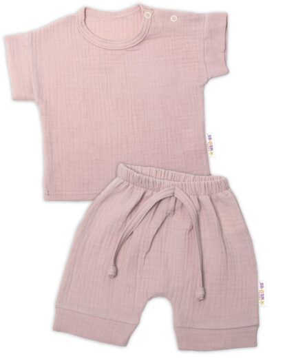Baby Nellys 2-dielna mušelínová súpravička, tričko + kraťasky BOY, béžová