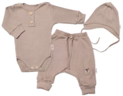 Baby Nellys 3-dielna rebrovaná súpr. Hand Made, body, tepláčiky a čiapočka, béžová
