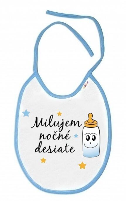 Baby Nellys Nepremokavý podbradník Milujem nočné desiate, 24 x 27 cm, kluk- biela/modrá