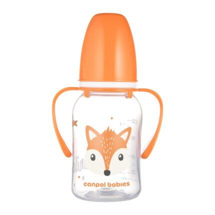 Detská fľaša s držadlami Cute Animals 120 ml – silikónový cumlík, oranž