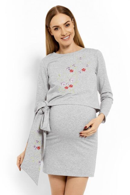 Elegantné tehotenské šaty, tunika s výšivkou a stuhou, L/XL- jasno sivý (dojčiace)