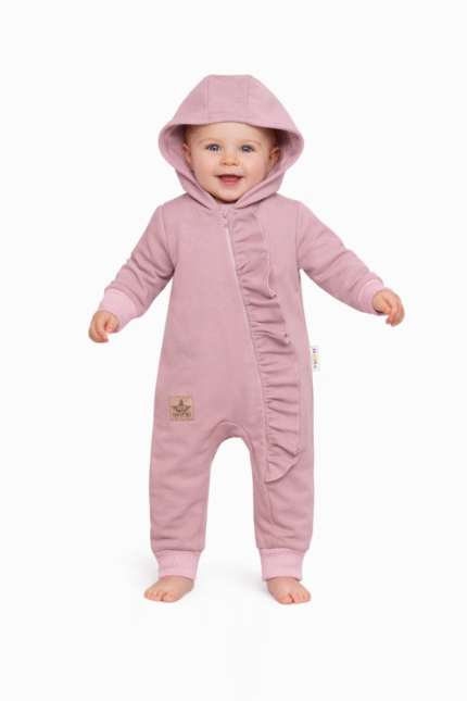 Teplákový overal s volánikom a kapucňou GIRL, Baby Nellys, púdrový, veľ. 86