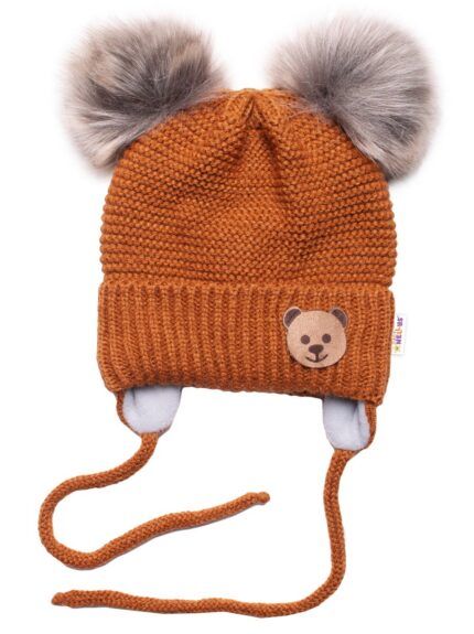 Zimná čiapka s fleecom Teddy Bear - chlupáčk. bambuľky - hnedá, šedá