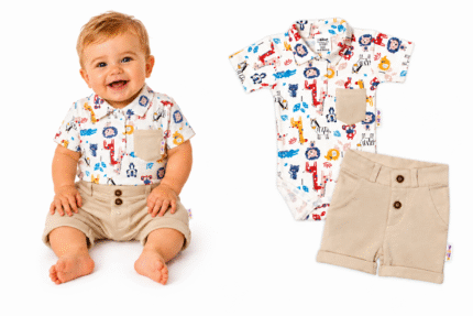 Baby Nellys 2-dielna sada body kr. rukáv, kraťasky, Safari - ecru/béžová, veľ. 74