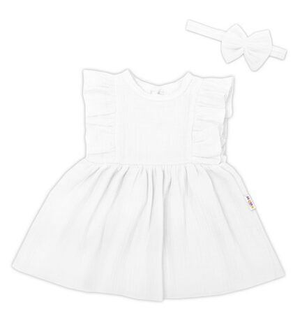 Baby Nellys 2-dielna sada mušelínove šatočky + čelenka, biela, veľ. 86