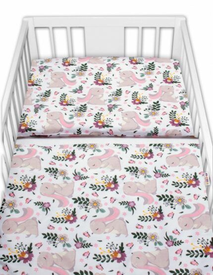 Baby Nellys 2-dielne bavlnené obliečky Zajačik na lúke - ružová, biela