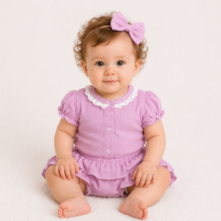 Baby Nellys 3-dielna mušelínová súpravička, body, kraťasky+čelenka GIRL, lila, veľ. 62