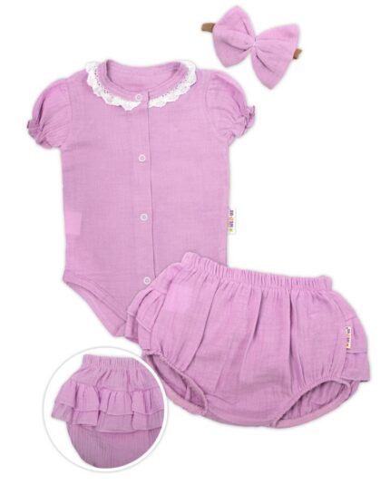 Baby Nellys 3-dielna mušelínová súpravička, body, kraťasky+čelenka GIRL, lila, veľ. 62