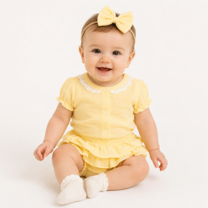 Baby Nellys 3-dielna mušelínová súpravička, body, kraťasky+čelenka GIRL, žltá, veľ. 74