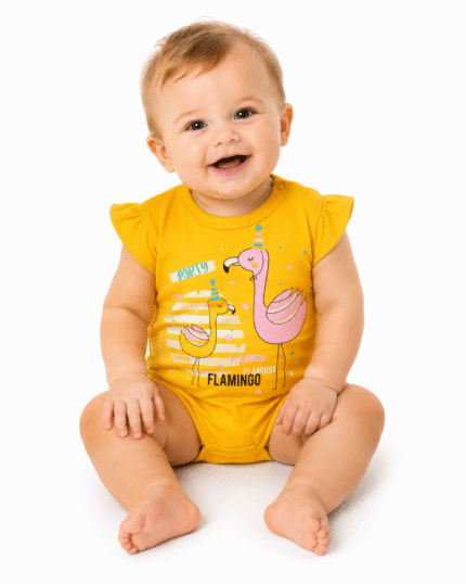 Baby Nellys Bavlnené dojčenské body, kr. rukáv, Flamingo - horčicove, veľ. 68