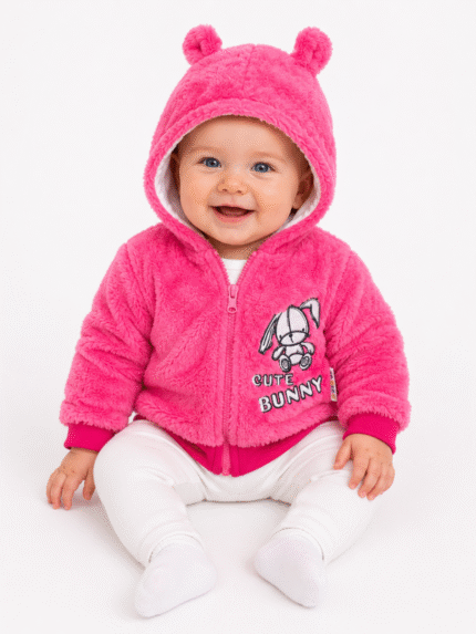 Baby Nellys Dojčenská chlupáčková bundička  s kapucňou Cute Bunny - malinová, veľ. 74