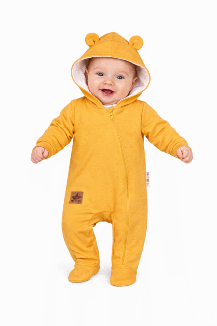 Baby Nellys Dojčenský teplákový overal s kapucňou - horčicový, veľ. 86