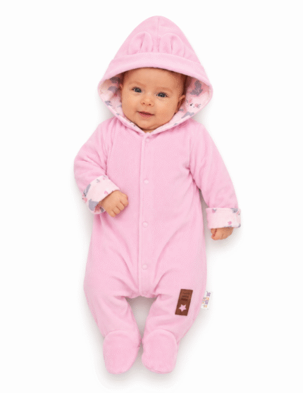 Baby Nellys Dvojvrstvový velúrový overal s kapucňou Bunny, ružový, veľ. 86