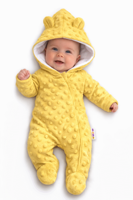 Baby Nellys Kombinézka /overal Minky s kapucňou a uškami -žltá, vel. 74