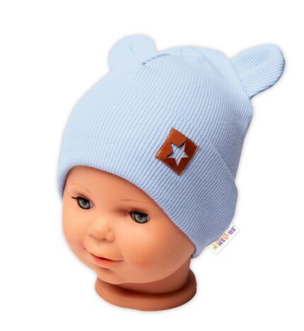 Baby Nellys Rebrovaná dvojvrstvová čiapka s uškami TEDDY - sv. modrá
