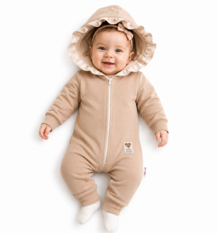 Baby Nellys Teplákový overal s kapucňou a volánikom, New Bunny - cappuccino, veľ. 74