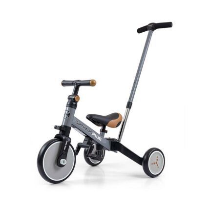 Balančná trojkolka, bicykel, odrážadlo a vodiaca tyč, Optimus Plus 4 v 1, sivá