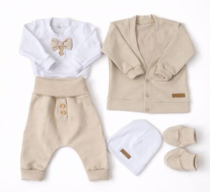 Bavlnená sada, body, nohavice, motýlik a čiapka Elegant Boy 5D, béžová/biela, veľ. 74