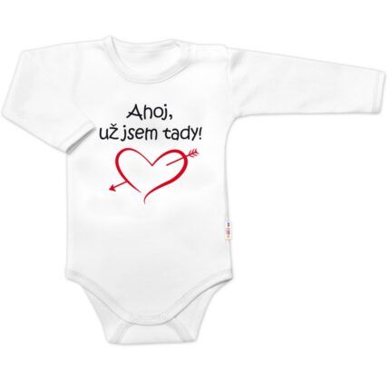 Body dlhý rukáv s vtipným textom Baby Nellys, Ahoj už jsem tady! - biele, veľ. 74
