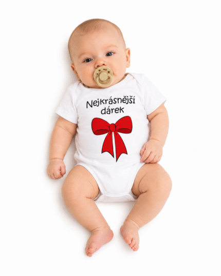Body krátky rukáv s vtipným textom Baby Nellys, Nejkrásnější dárek, biele, veľ. 74