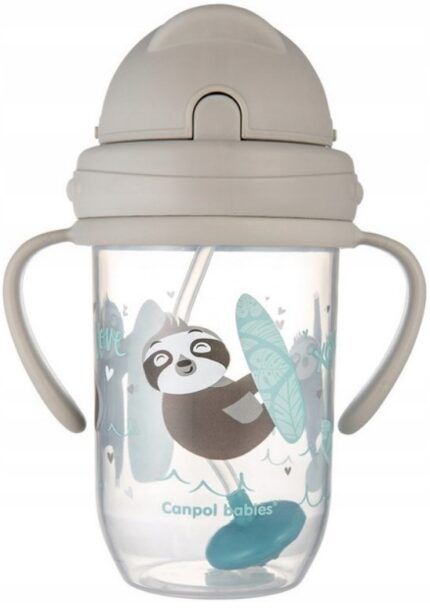 Canpol babies Nevylievací hrnček so slamkou a závažím Exotic Lenochod - šedý, 270 ml