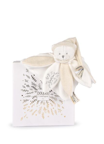 Doudou Darčeková sada Plyšový muchláčik medvedík s čiapočkou 25 cm béžový