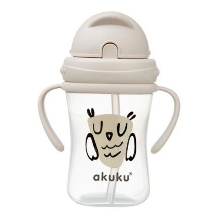 Fľaštička/hrnček s úchytmi a slamkou Sova Akuku 300 ml, béžová
